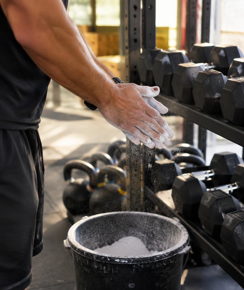 Coach chalking hands beside a rack of dumbbells and kettlebells